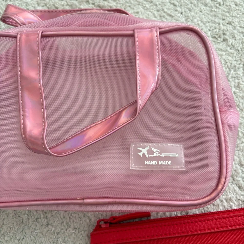 Beauty Cosmetic Travel Bag Set - Pink Transparent & Red